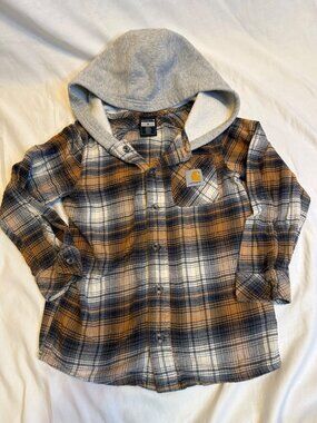 Kid's Carhartt SIze 6 Hooded Tan / Rust and Blue Plaid Flannel